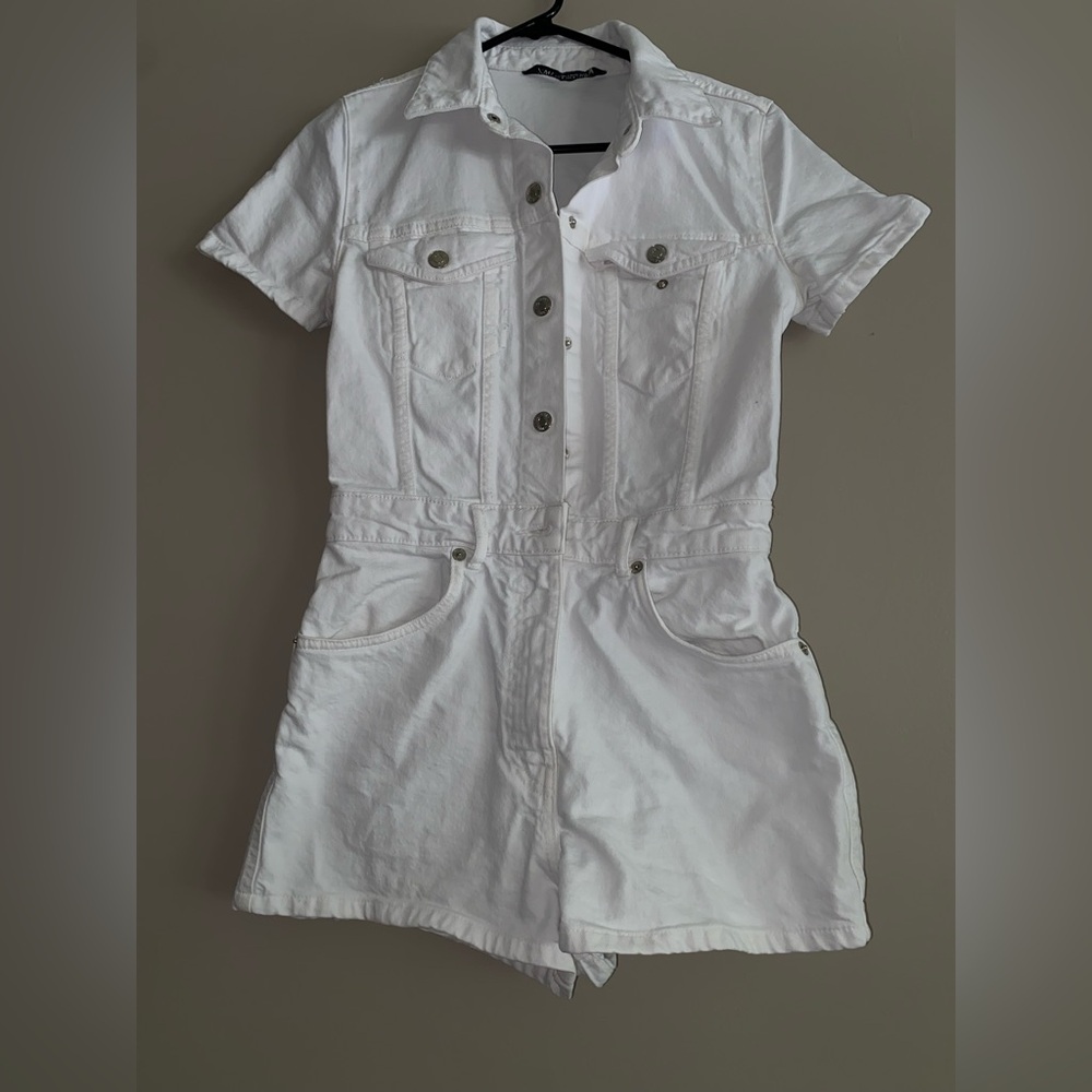 Zara White Short Sleeve Denim Romper